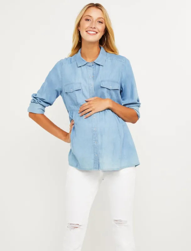 Jessica Simpson Chambray Babydoll Maternity Blouse sold by Motherhood Maternity