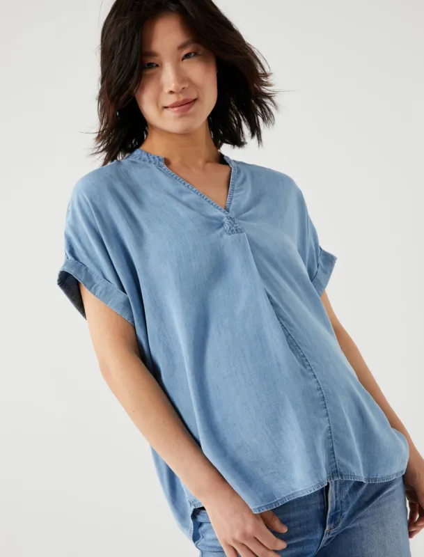 Chambray Relaxed Popover Top sold by Motherhood Maternity