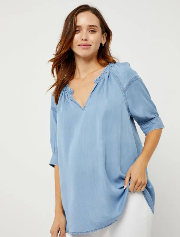 Chambray Split Neck Peasant Shirt sold by Motherhood Maternity