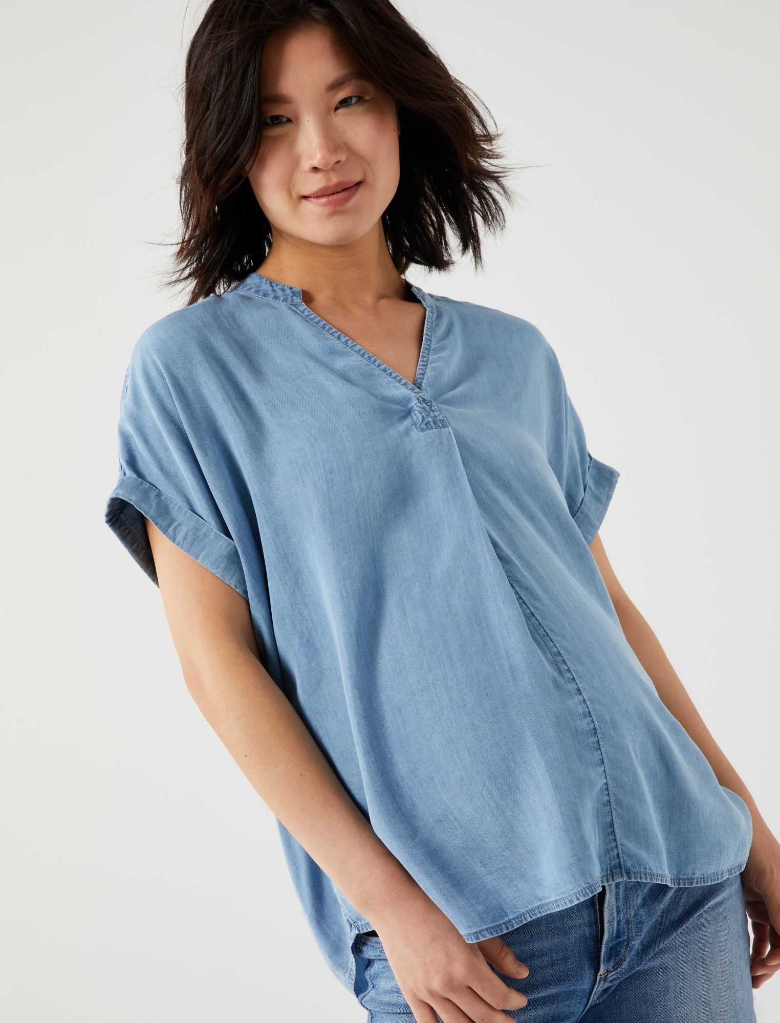 Chambray Relaxed Popover Top sold by Motherhood Maternity