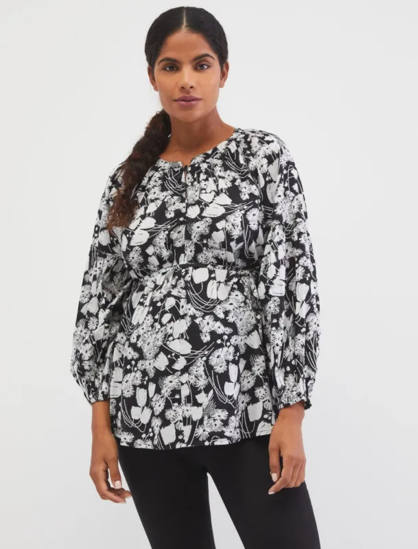 Crosshatch Balloon Sleeve Peasant Maternity Blouse sold by Motherhood Maternity