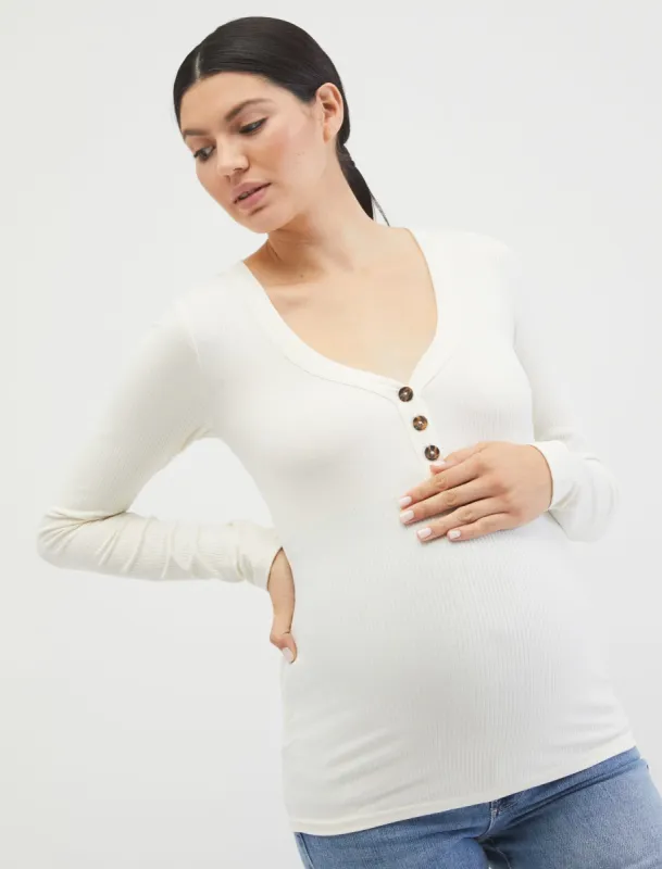 Ribbed Knit Henley Maternity Top sold by Motherhood Maternity