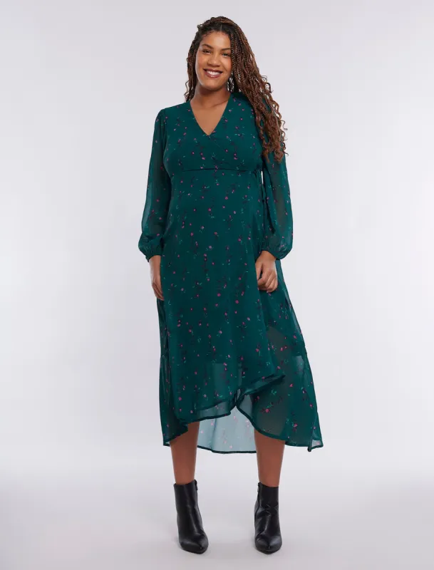 Wrap Flounce Midi Dress sold by Motherhood Maternity