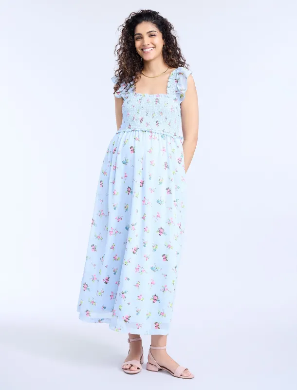 Sleeveless Ruffle Shoulder Smocked Dress sold by Motherhood Maternity