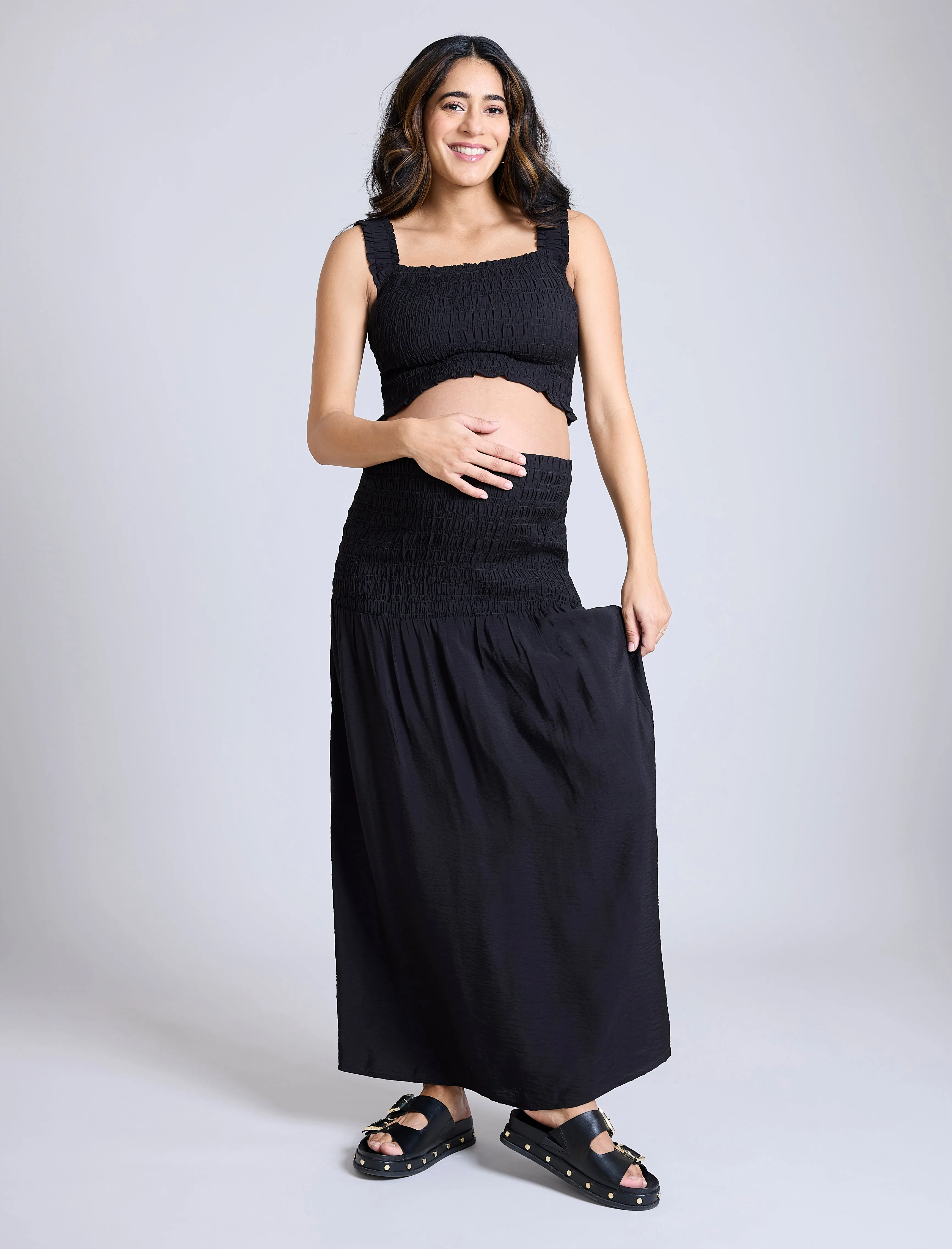 Smocked Crop Top Maxi Skirt Set sold by Motherhood Maternity