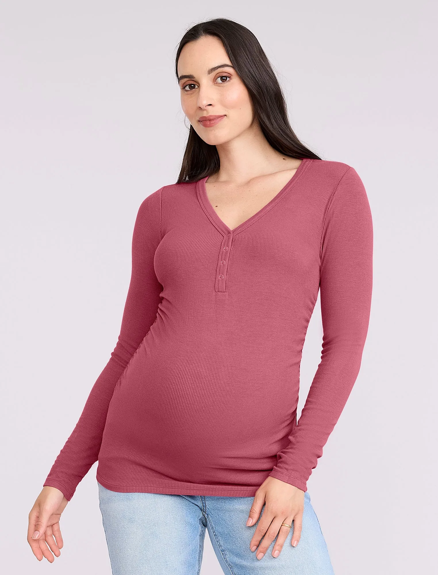Side Ruched Long Sleeve Henley Maternity Rib Tee sold by Motherhood Maternity