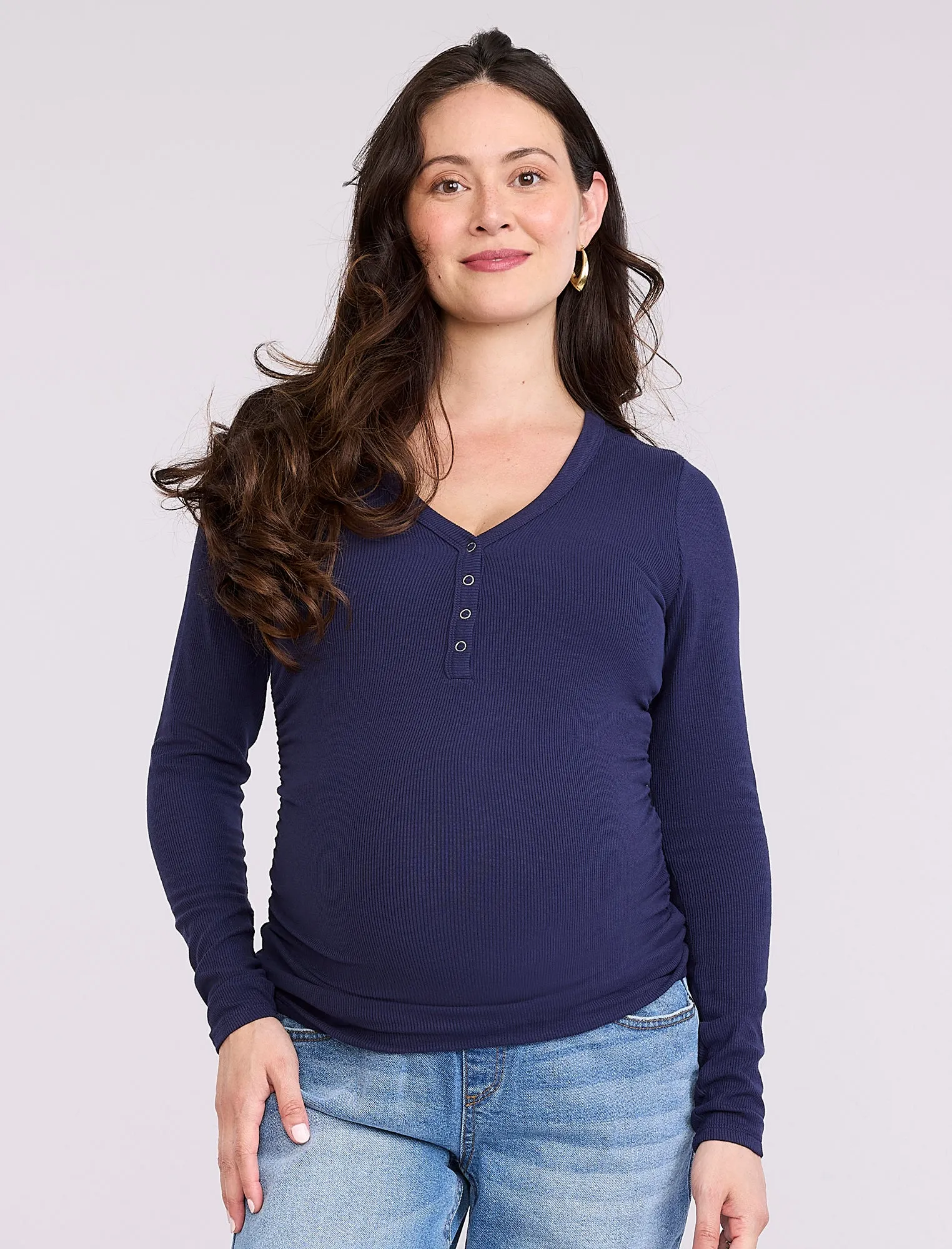 Side Ruched Long Sleeve Henley Maternity Rib Tee sold by Motherhood Maternity