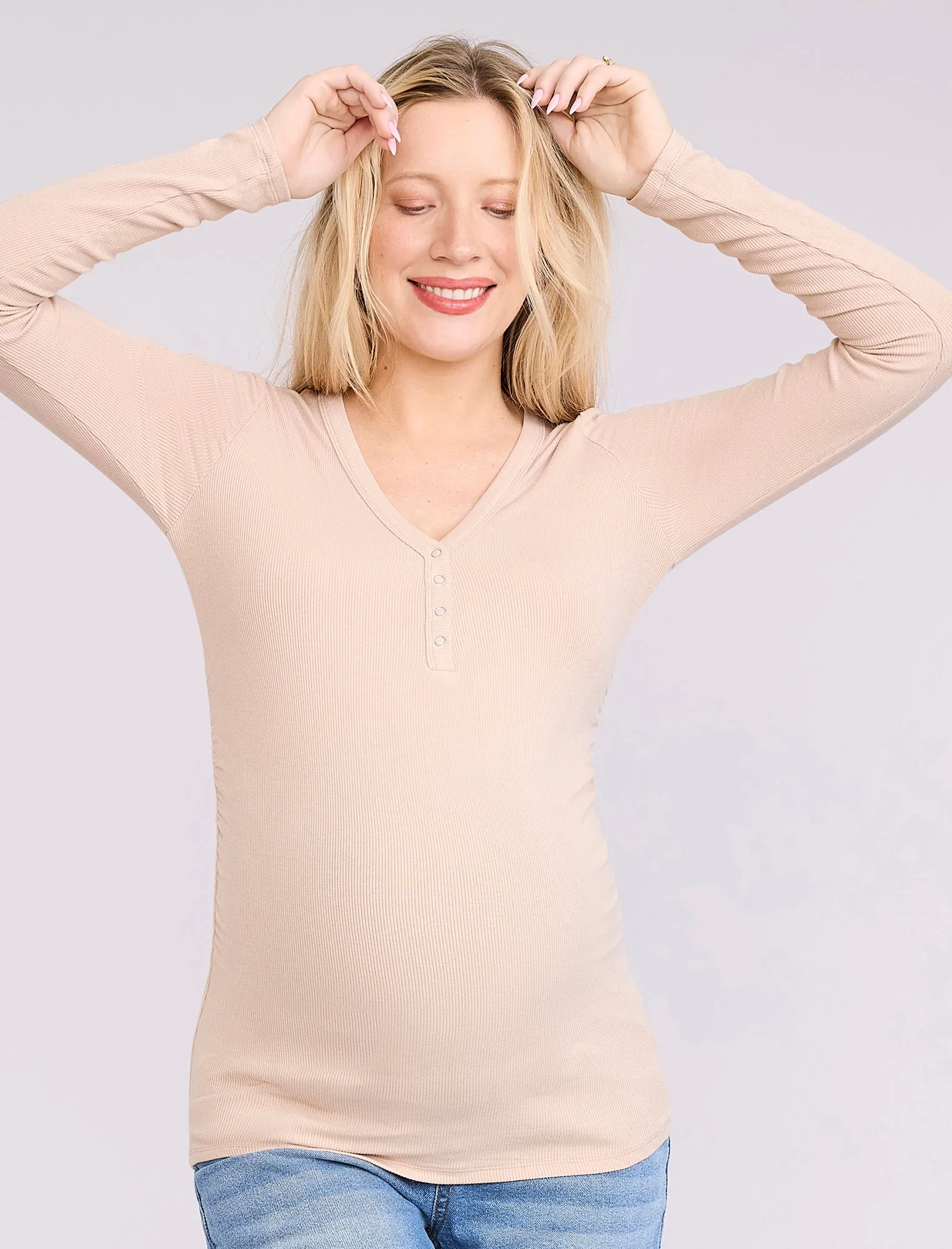Side Ruched Long Sleeve Henley Maternity Rib Tee sold by Motherhood Maternity