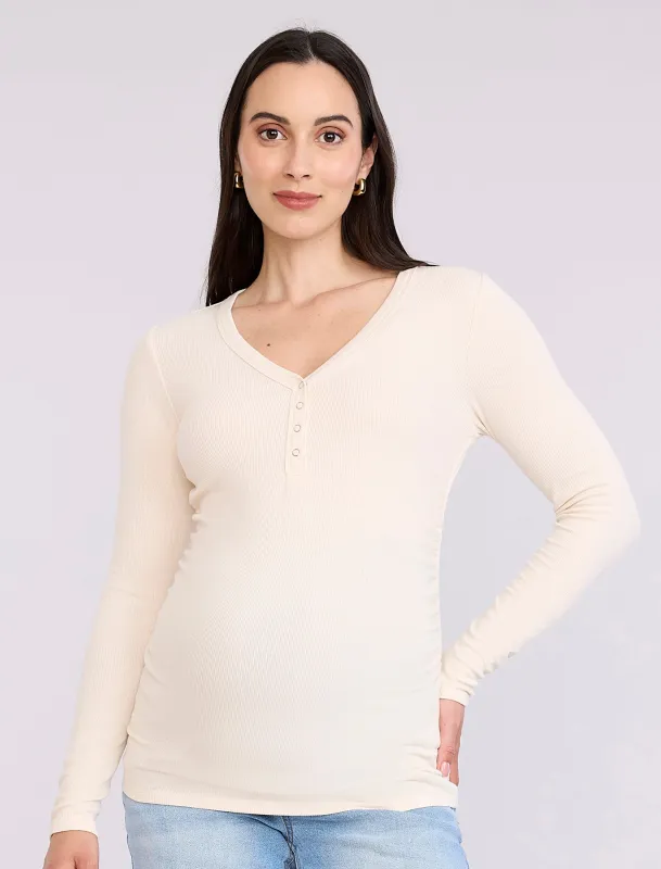 Side Ruched Long Sleeve Henley Maternity Rib Tee sold by Motherhood Maternity