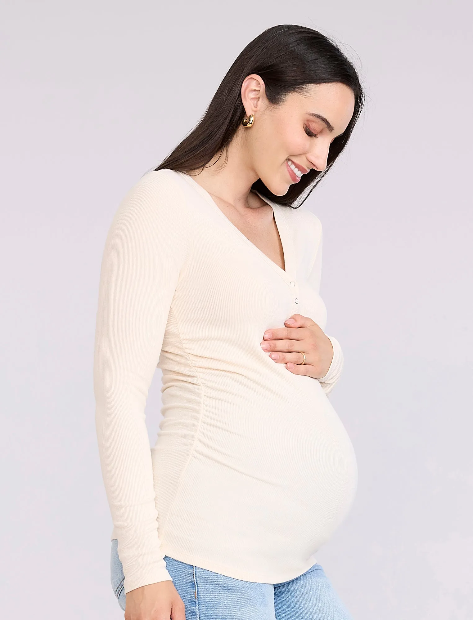 Side Ruched Long Sleeve Henley Maternity Rib Tee sold by Motherhood Maternity product image thumbnail 3