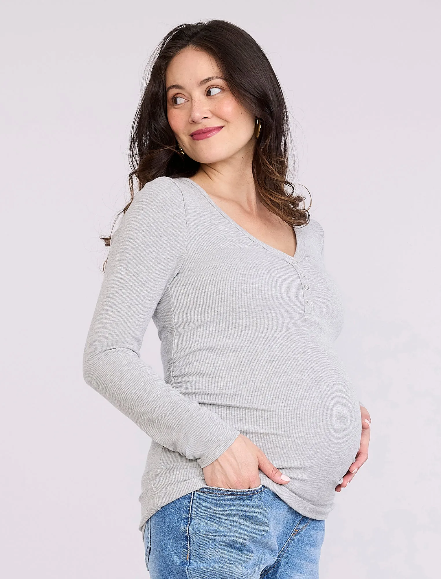 Side Ruched Long Sleeve Henley Maternity Rib Tee sold by Motherhood Maternity product image thumbnail 3