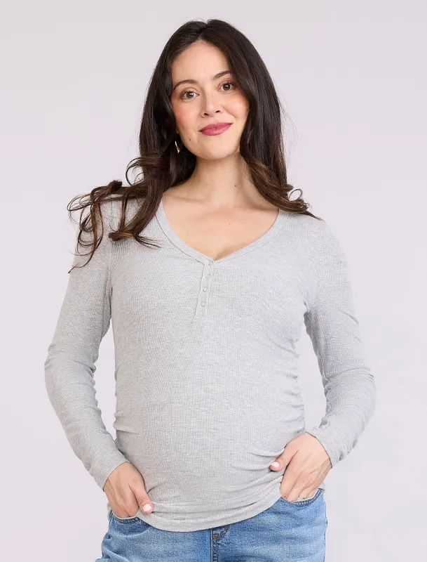 Side Ruched Long Sleeve Henley Maternity Rib Tee sold by Motherhood Maternity