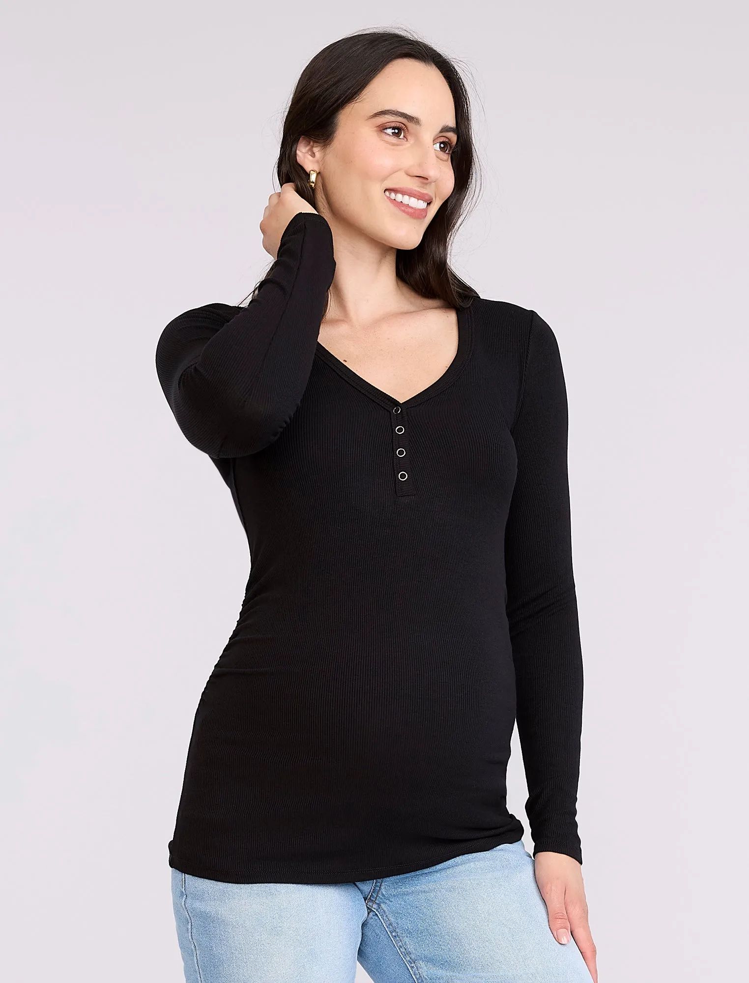Side Ruched Long Sleeve Henley Maternity Rib Tee sold by Motherhood Maternity product image thumbnail 3