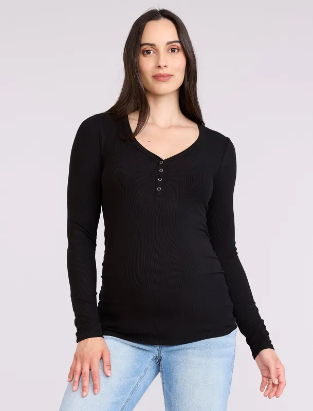 Side Ruched Long Sleeve Henley Maternity Rib Tee sold by Motherhood Maternity