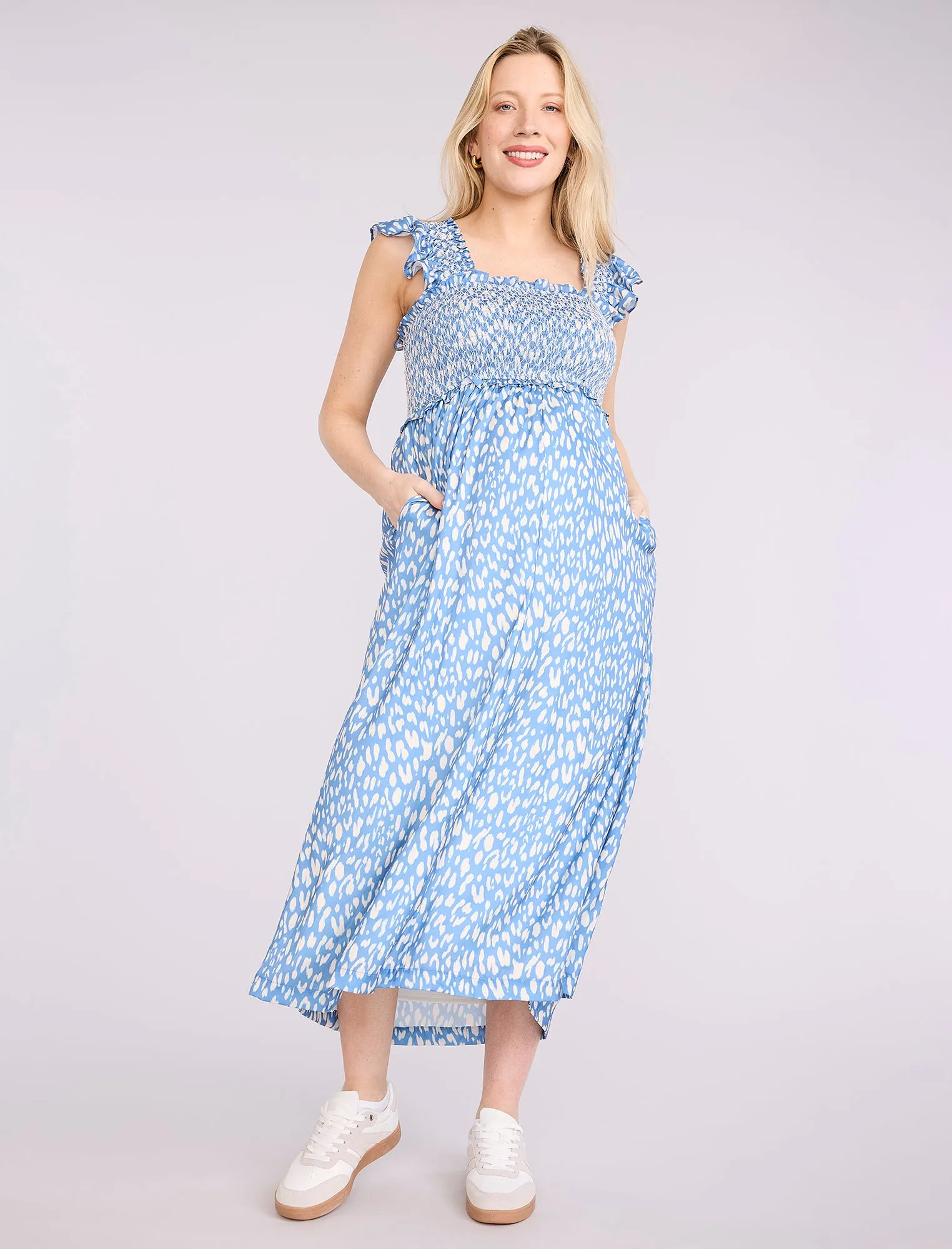 Sleeveless Ruffle Shoulder Smocked Maxi Dress sold by Motherhood Maternity