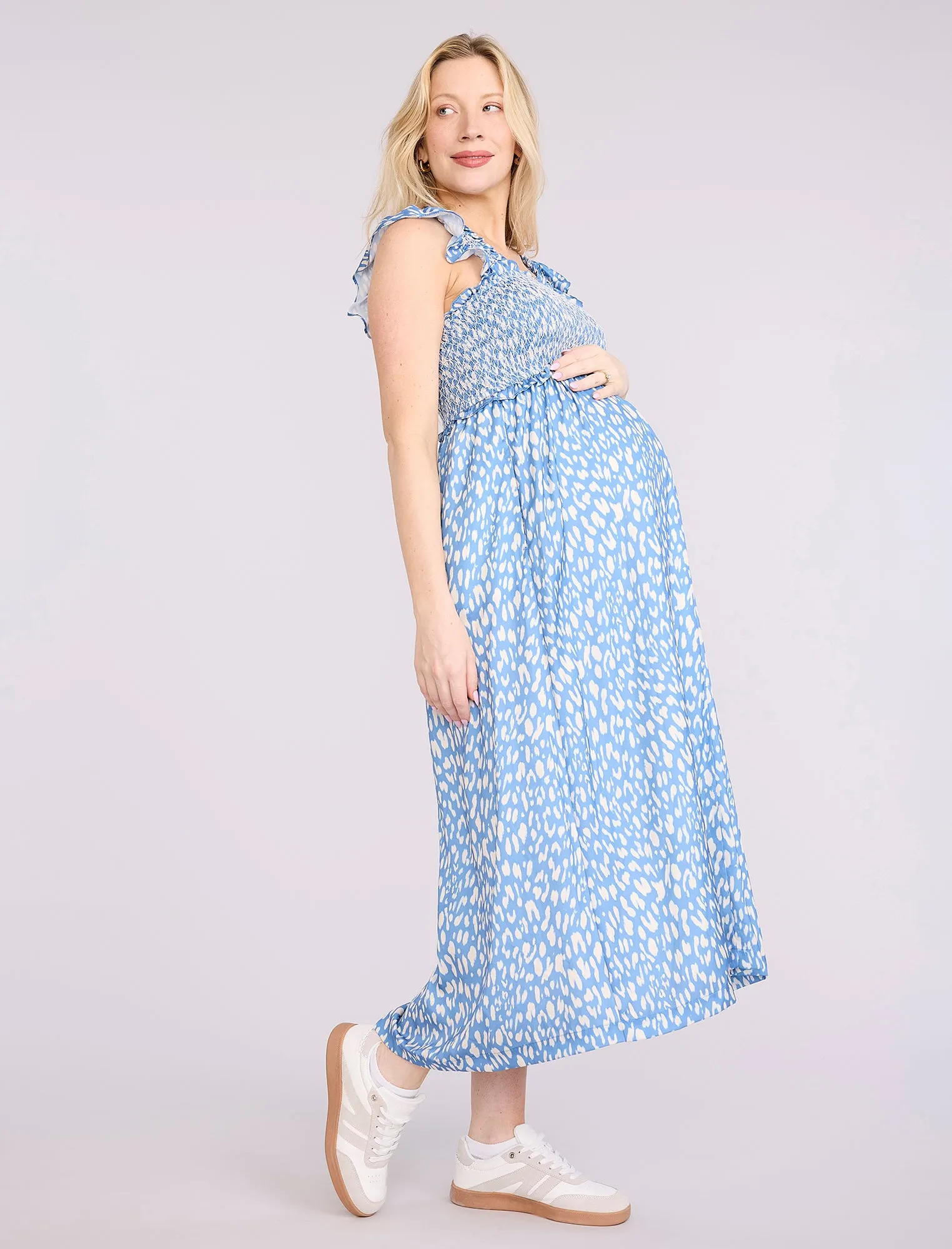 Sleeveless Ruffle Shoulder Smocked Maxi Dress sold by Motherhood Maternity product image thumbnail 3