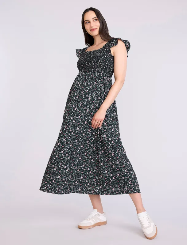 Sleeveless Ruffle Shoulder Smocked Maxi Dress sold by Motherhood Maternity