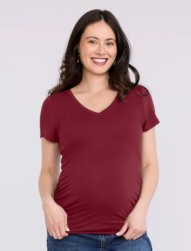 Side Ruched Short Sleeve V-Neck  Maternity Tee sold by Motherhood Maternity