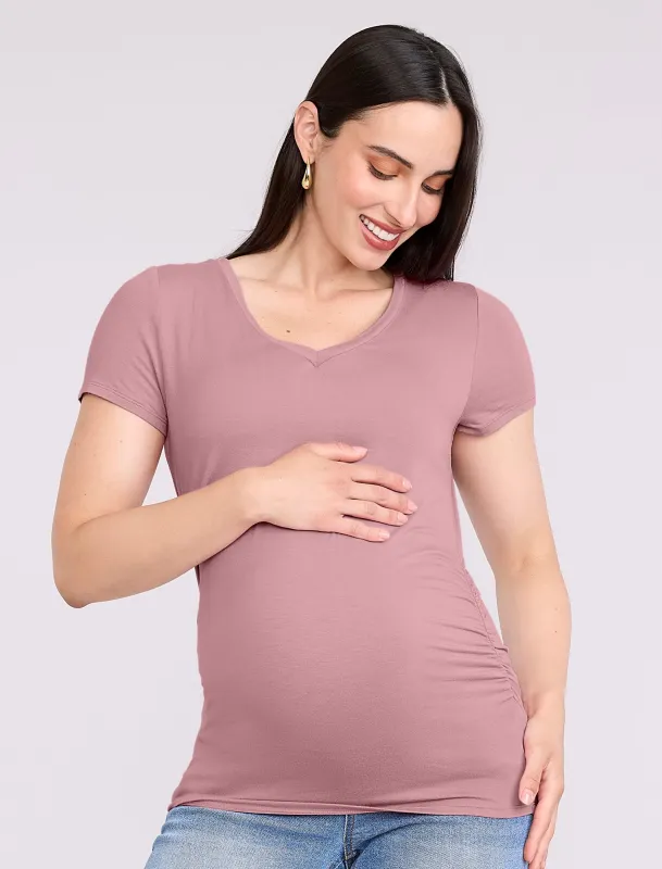 Side Ruched Short Sleeve V-Neck  Maternity Tee sold by Motherhood Maternity