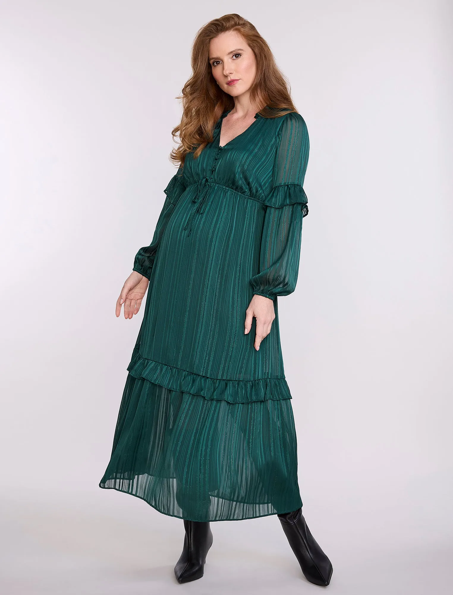 Long Sleeve Tiered Maxi Dress with Drawstring sold by Motherhood Maternity