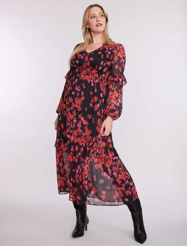 Long Sleeve Tiered Maxi Dress with Drawstring sold by Motherhood Maternity