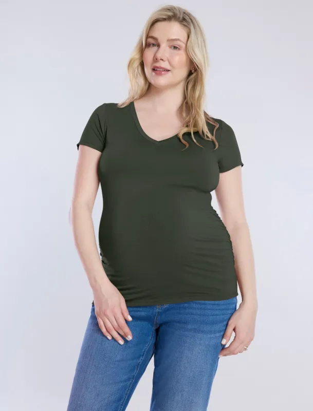 Side Ruched Short Sleeve V-Neck  Maternity Tee sold by Motherhood Maternity