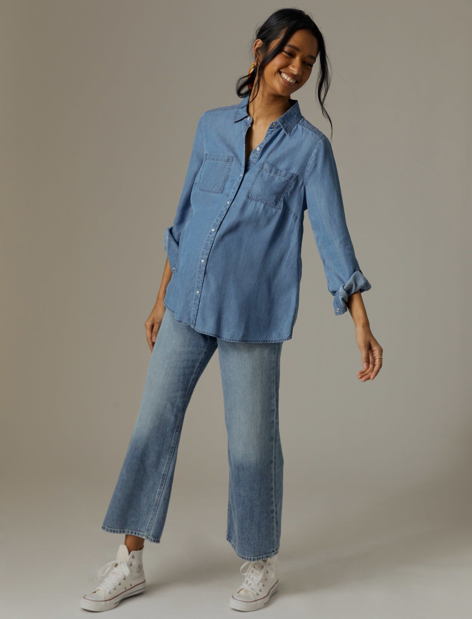 Chambray Button Down Maternity Shirt sold by Motherhood Maternity