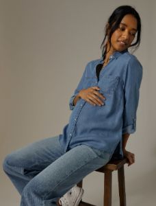 Chambray Button Down Maternity Shirt sold by Motherhood Maternity