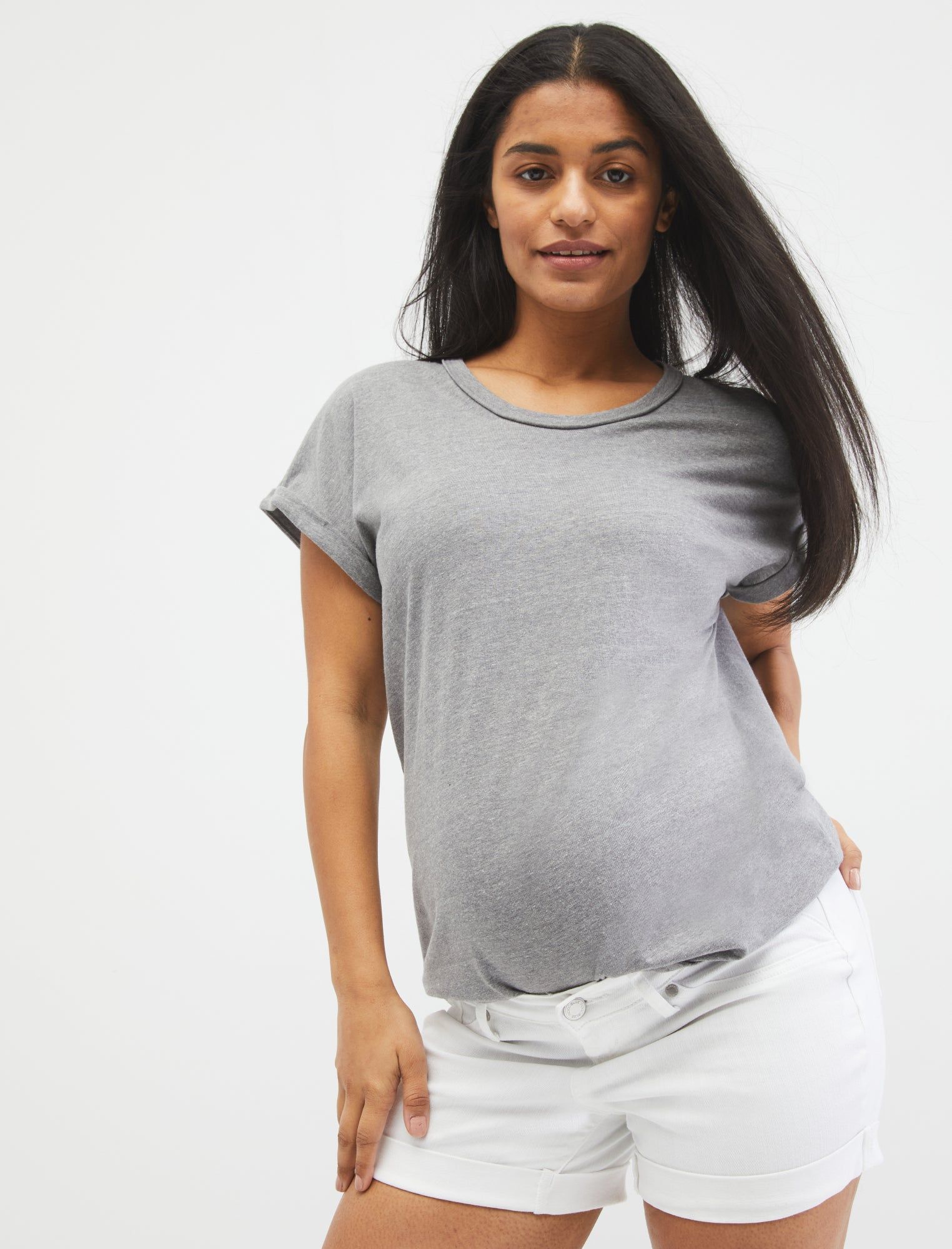 Side Panel Roll Hem Denim Maternity Shorts sold by Motherhood Maternity