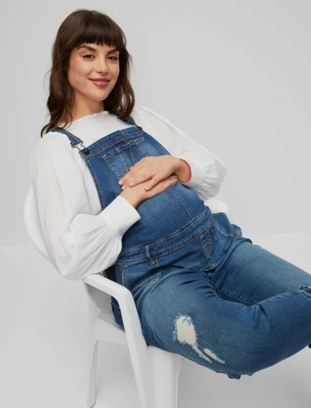 Side Panel Letdown Hem Maternity Overalls sold by Motherhood Maternity