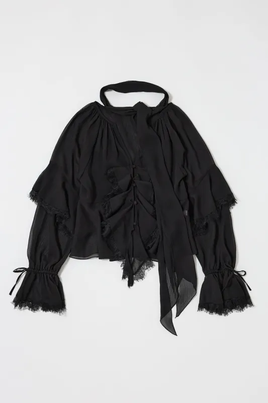 LACE TRIM TIE BLOUSE sold by Moussy