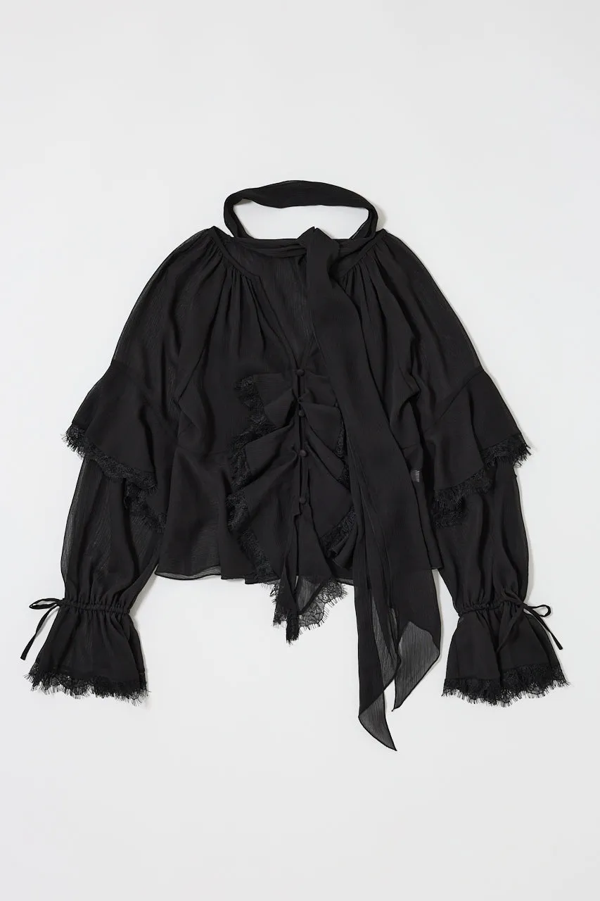 LACE TRIM TIE BLOUSE sold by Moussy
