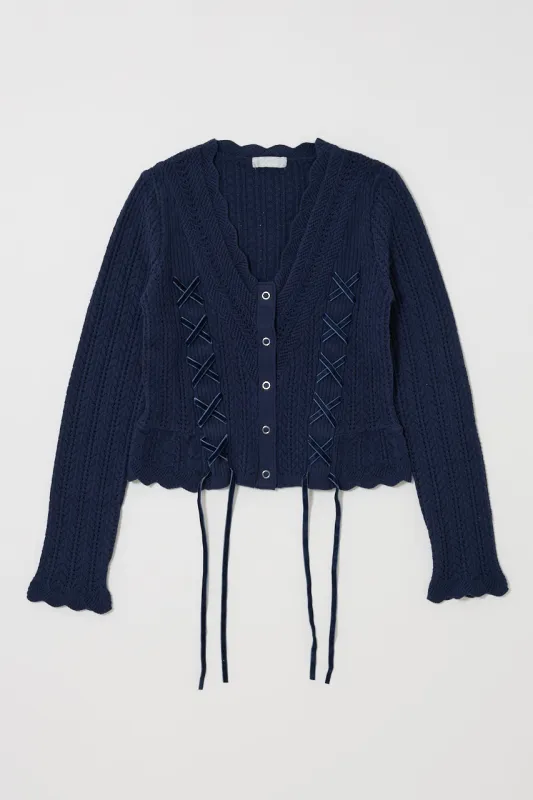 LACE UP RIBBON CARDIGAN made by Moussy