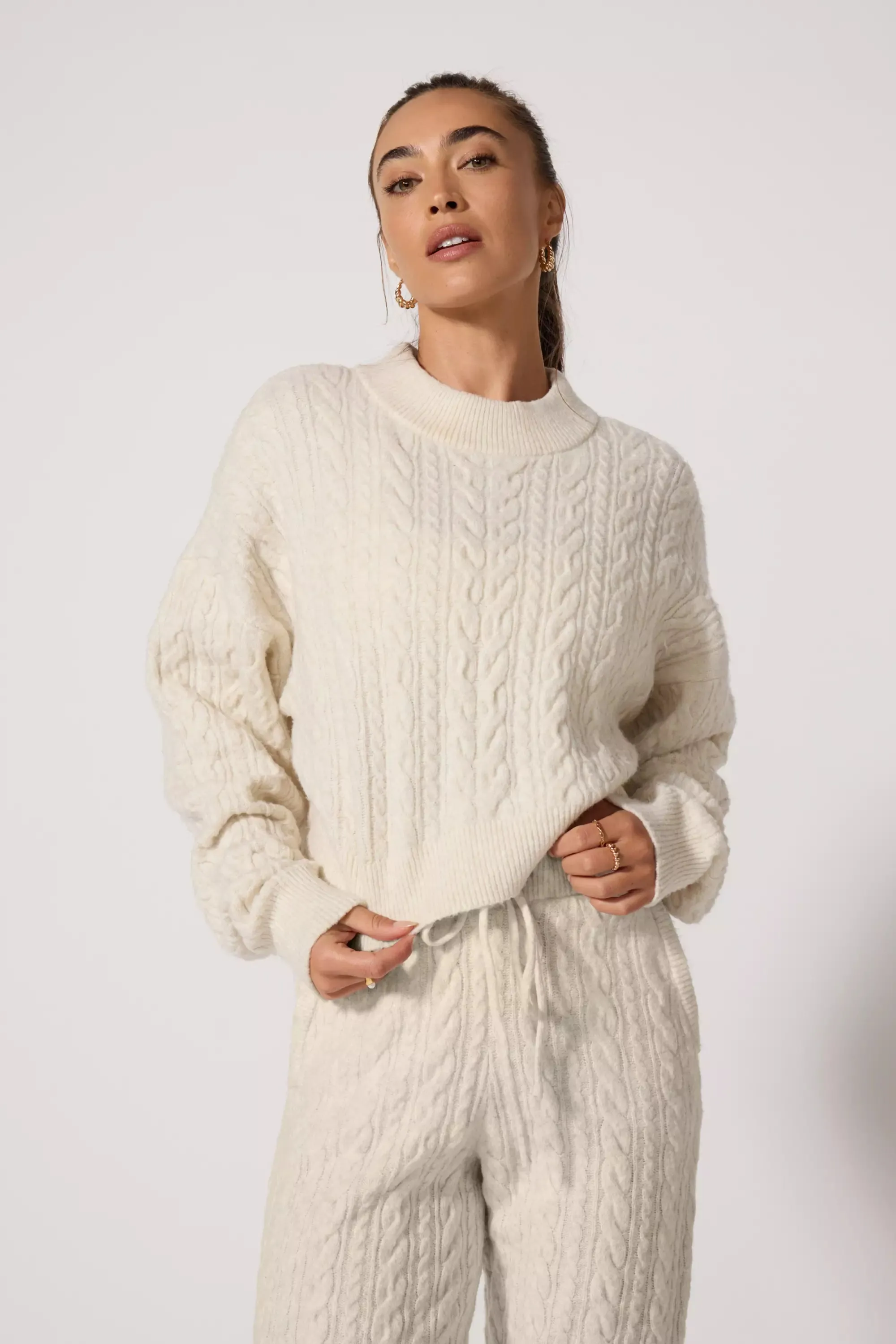 Cable Knit Cropped Sweater - Htr Birch sold by MPG