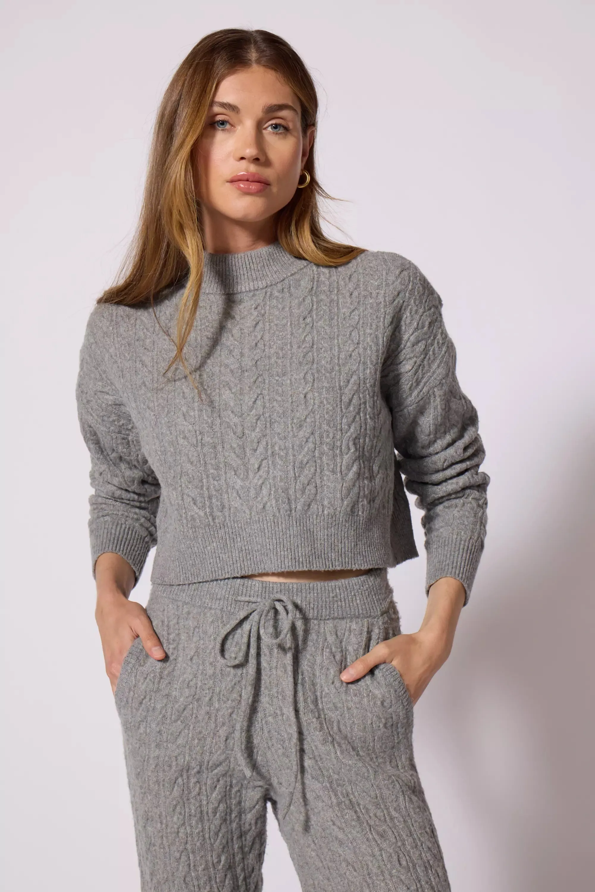 Cable Knit Cropped Sweater - Htr Steel Grey sold by MPG