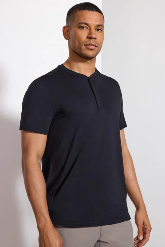 Pima Cotton Henley With Curved Hem - Black sold by MPG