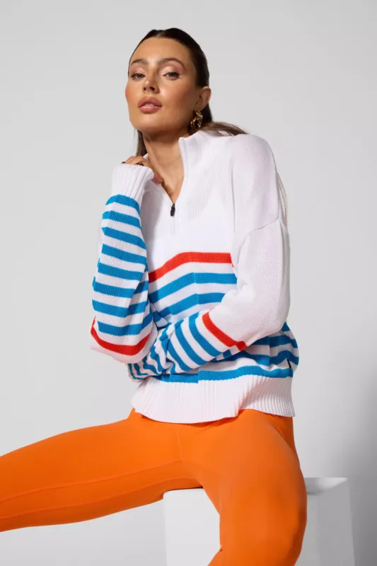 1/4 Zip Sweater Knit - Brilliant White Multi-Stripe sold by MPG