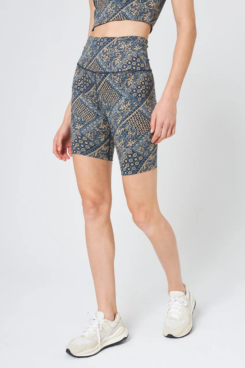 Explore High-Waisted Printed Short 8" Peached - Navy/Gold Patchwork Print sold by MPG