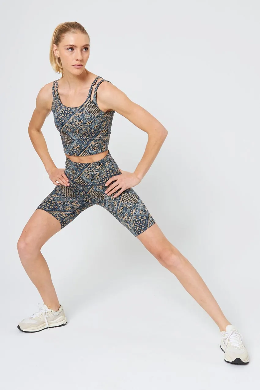 Explore High-Waisted Printed Short 8" Peached - Navy/Gold Patchwork Print sold by MPG product image thumbnail 4