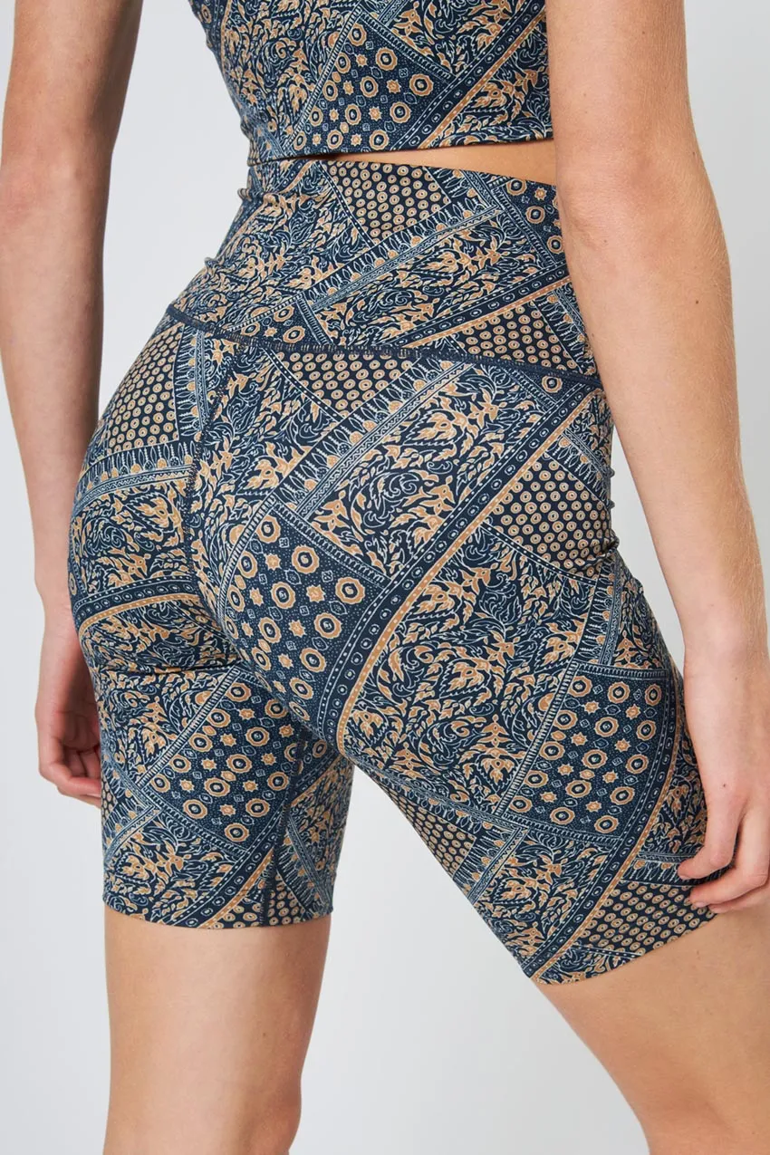 Explore High-Waisted Printed Short 8" Peached - Navy/Gold Patchwork Print sold by MPG product image thumbnail 5