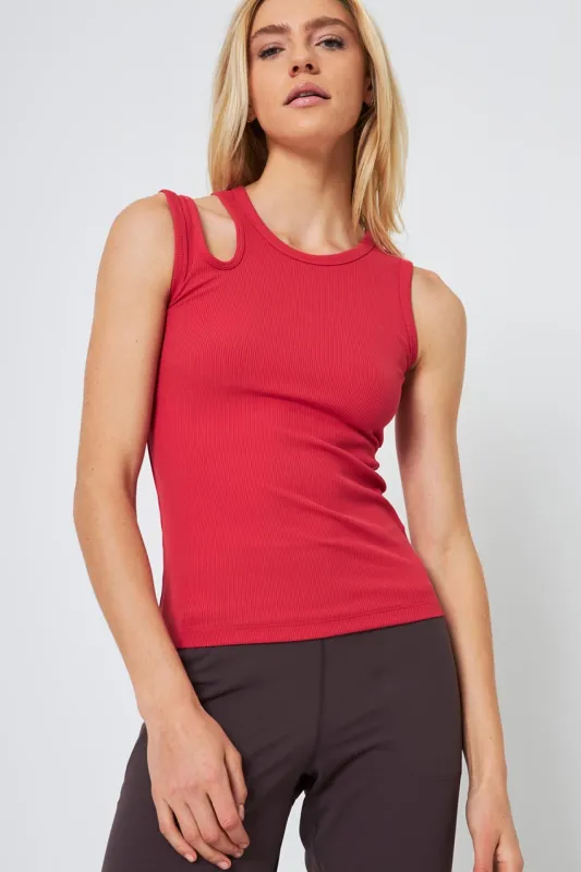 Poise Asymmetric Cut-Out Ribbed Tank Top - Cardinal sold by MPG