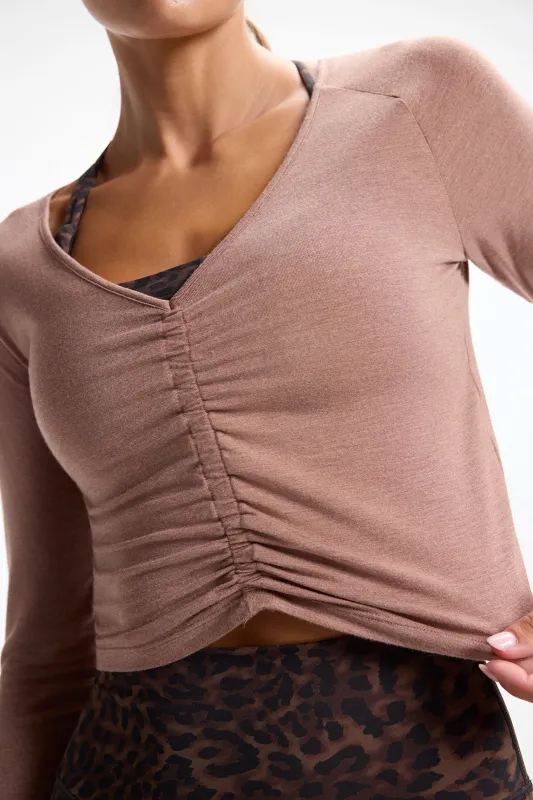 Breeze Long Sleeve Ruched Top - Htr Brownie made by MPG