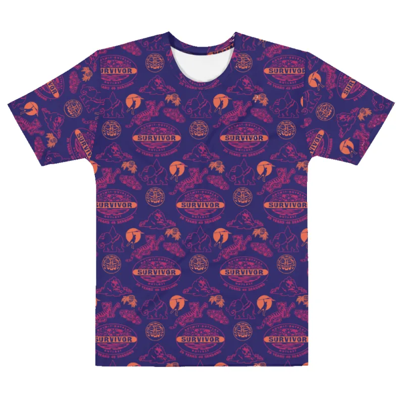 Survivor 20 Years 40 Season All Over Purple Pattern Adult All-Over Print T-Shirt sold by MTV