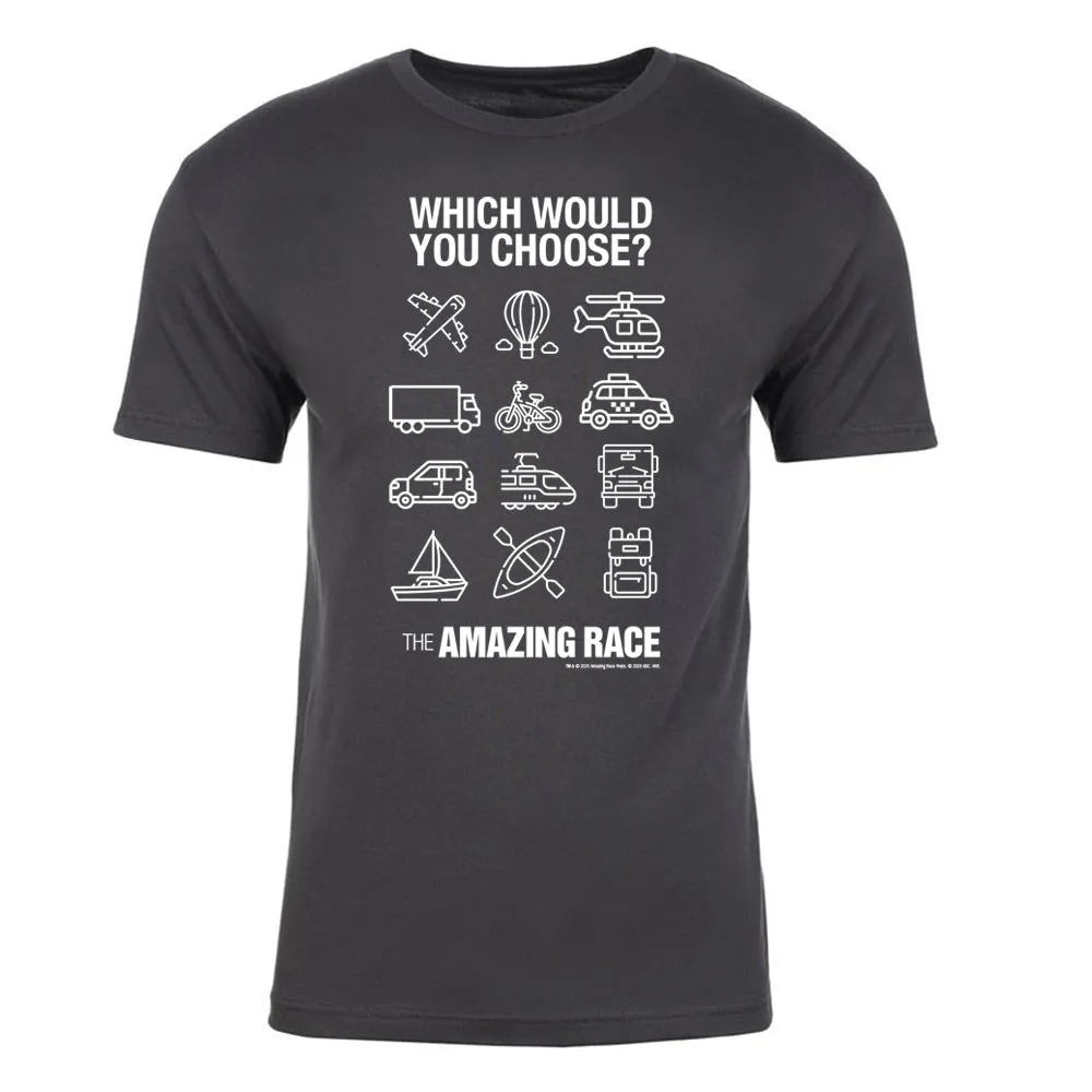 The Amazing Race White Choose Your Adventure Adult Short Sleeve T-Shirt sold by MTV