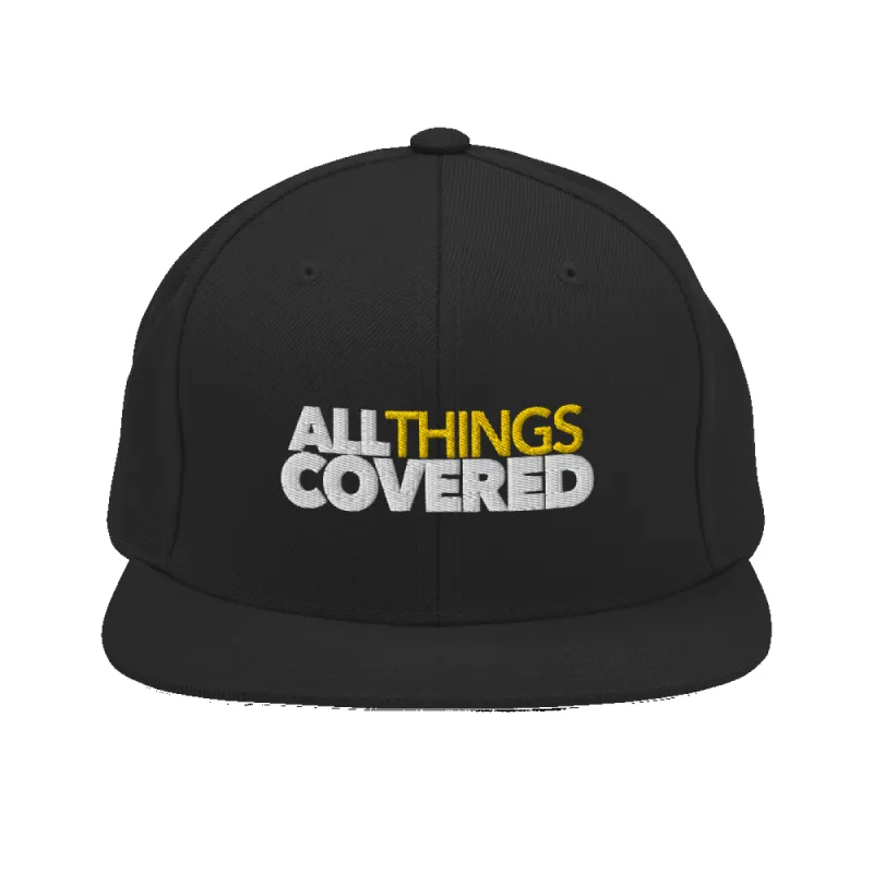 All Things Covered Podcast White Logo Embroidered Flat Bill Hat made by MTV