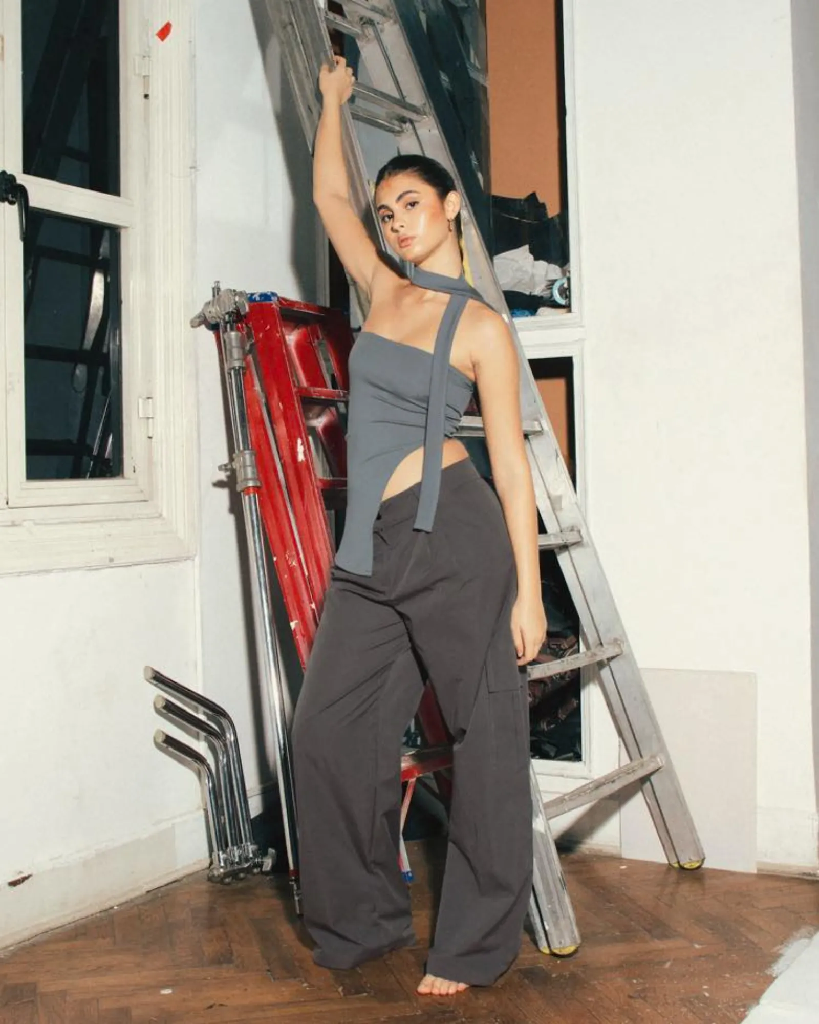 Side Slit Top with Neck Tie - Grey sold by Myne product image thumbnail 3