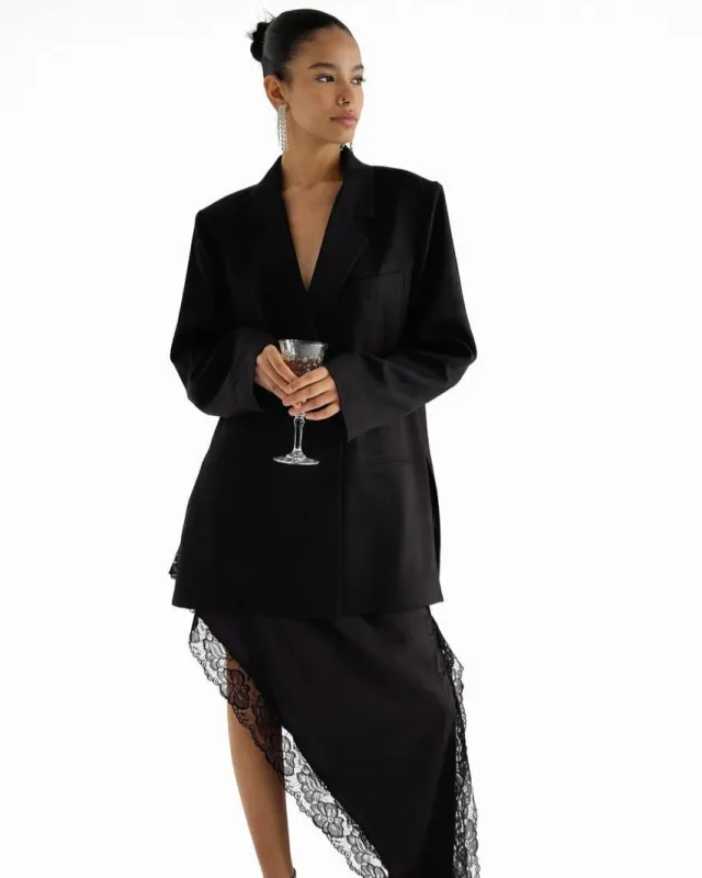 Noir Asymmetrical Lace Satin Skirt sold by Myne