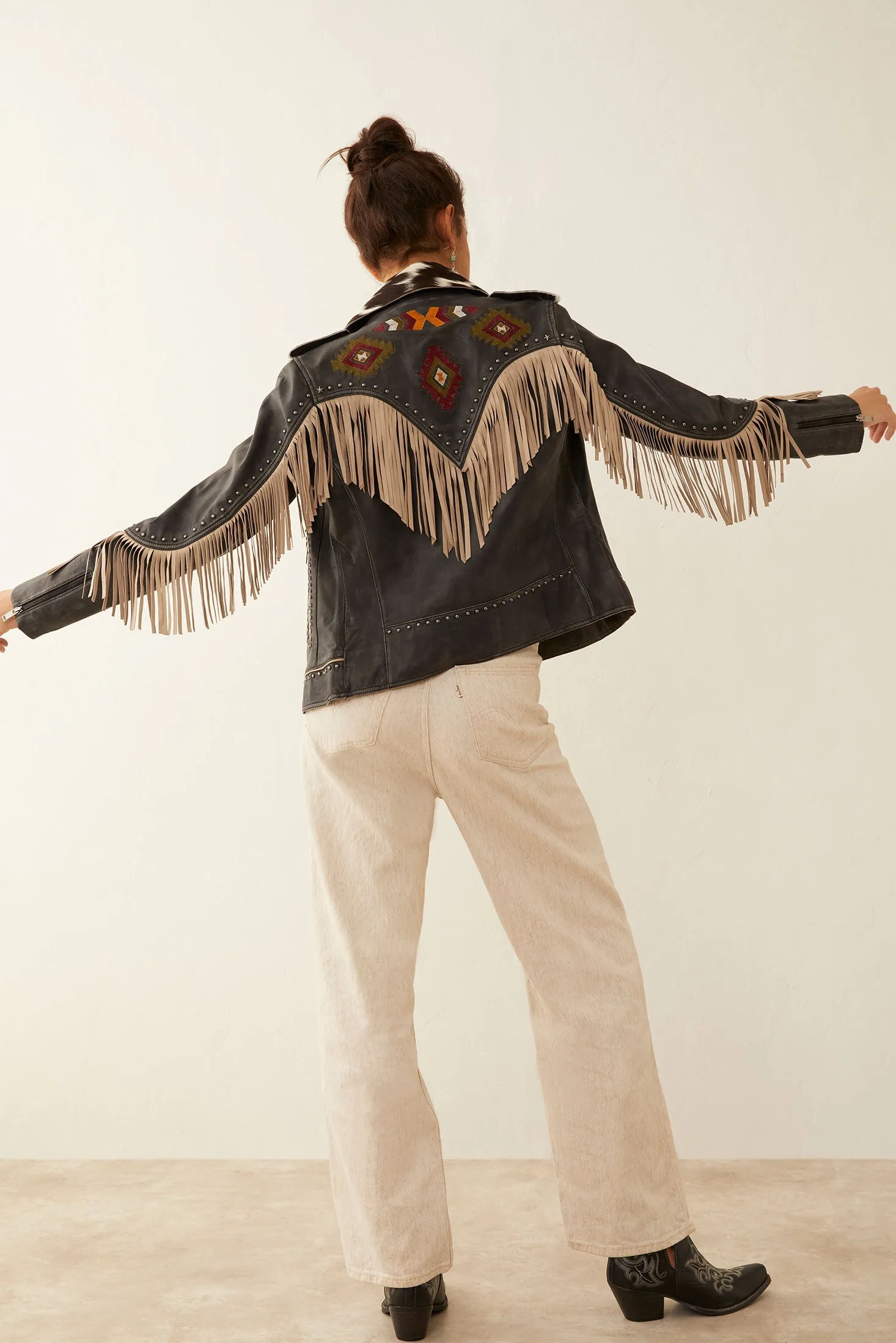 Phoenix Fringed Leather Jacket In Ebony sold by Myra Bag product image thumbnail 5