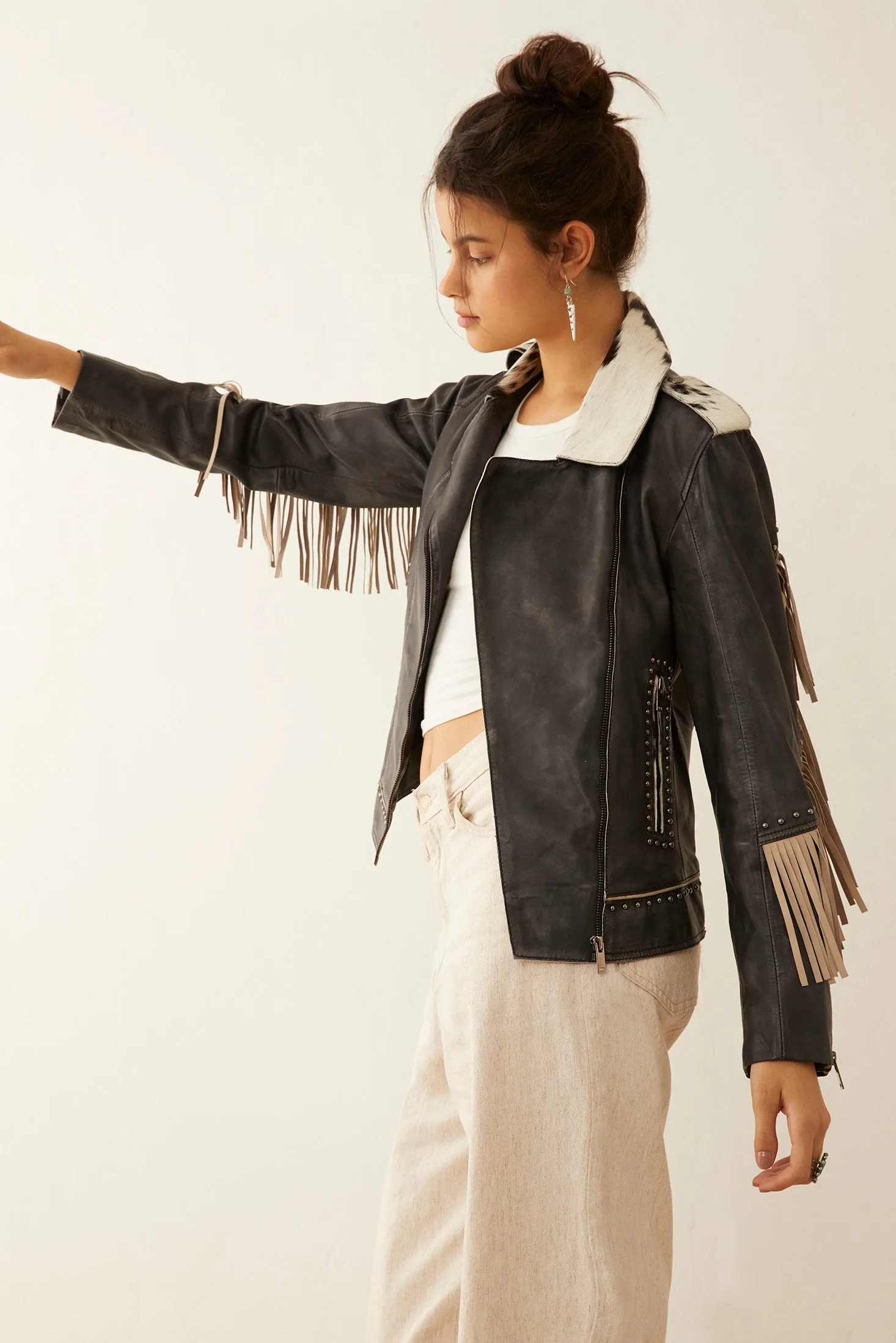 Phoenix Fringed Leather Jacket In Ebony sold by Myra Bag product image thumbnail 2