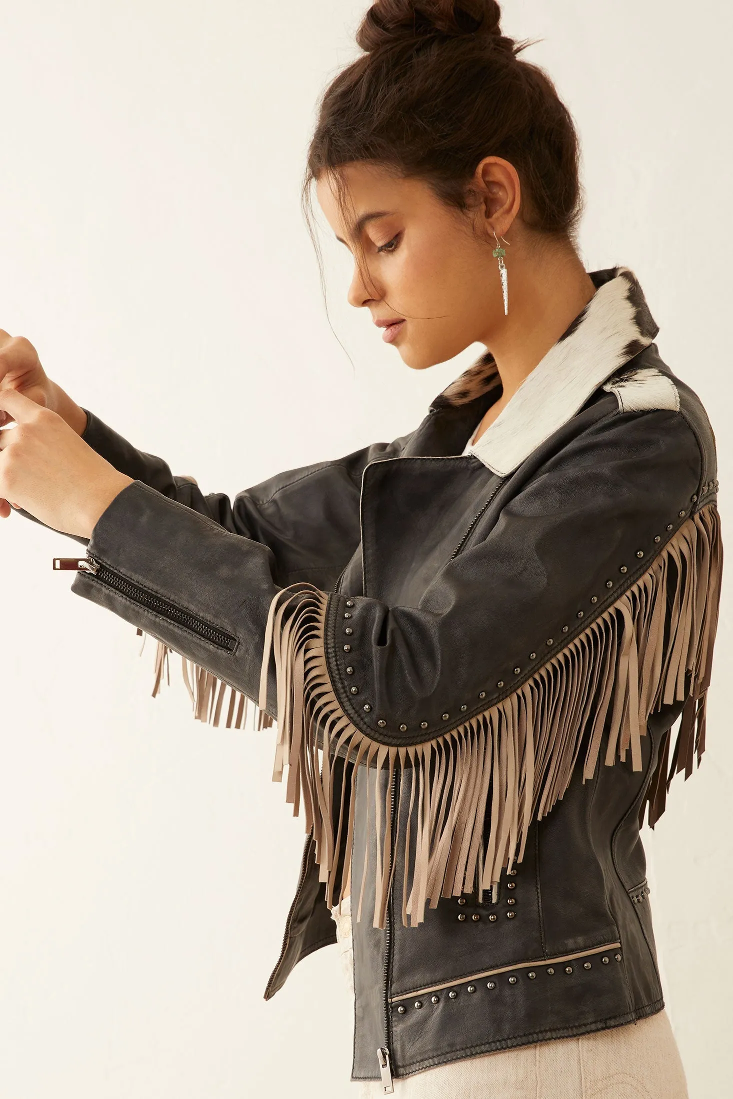 Phoenix Fringed Leather Jacket In Ebony sold by Myra Bag product image thumbnail 3